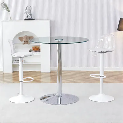 Image de Ensemble de bar modulable : table en verre de 89 cm + 2 tabourets de bar à pieds blancs, réglables en hauteur et pivotants. Face avant transparente, rotation à 360°