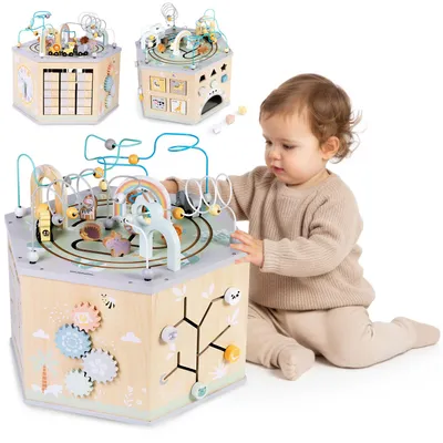 Produktbild von Holz Lernwürfel mit Motorikschleifen und Magnetbahn, großer Activity Cube natur, Montessori Spielzeug für Kleinkinder ab 12 Monaten