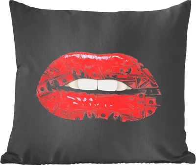 Produktbild von MuchoWow® Zierkissen Sofakissen Wohnzimmer Dekokissen 50x50 cm Lippen - Geld - Rot - Komfort - Sofakissen