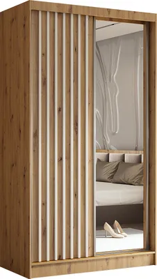 Produktbild von 120 cm Kleiderschrank Erika mit Lamellen und Spiegel inklusive 2 Schiebetüren Schwebetürenschrank Kleiderstange Garderobe Lieferung bis in die Wohnung (Farbe: Artisan, Artisan, Lamelle weiß)