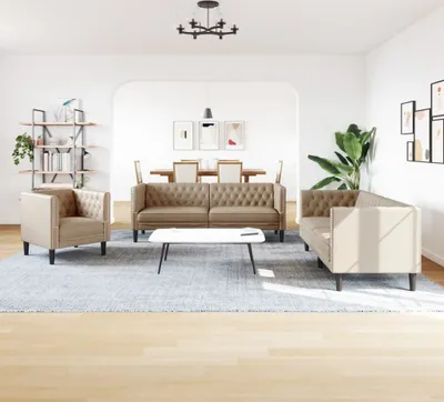 Image de vidaXL 3-tlg. Ensemble canapé Chesterfield Faux cuir cappuccino