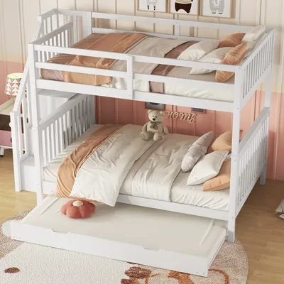 Produktbild von okwish Etagenbett Hochbett 140x200 cm mit Rausfallschutz, Kinderbett Stockbett mit ausziehbares Bett 90x190 cm und 3x Lattenrost(Ohne Matratze)- Weiß