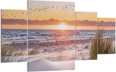Produktbild von Bild auf Leinwand - Leinwandbild - 4 Teile - Sonne Strand Vögel - 160x90cm - Wand Bild - Wanddeko - Wandbilder - Leinwanddruck - Bilder - Wanddekoration - Leinwand bilder - Wandbild - DL160x90-4727