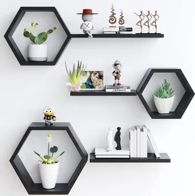 Productafbeelding van Zeshoekige Wandplanken - Drijvende Decoratie - Decoratie Ophangen - Set van 6 - 3 Maten - Zwart
