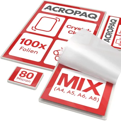 Image de Feuilles de plastification ACROPAQ MIX - 80 microns, 100 feuilles (A4, A5, A6, 20 feuilles de chaque format, A8 - format carte de visite, 40 feuilles), brillantes, coins arrondis - 18023