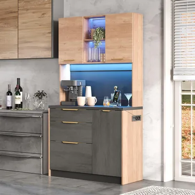 Immagine prodotto di Mobile alto da cucina Flieks con illuminazione a LED regolabile, mobile alto con presa di corrente, credenza 100x40x180 cm, colore naturale