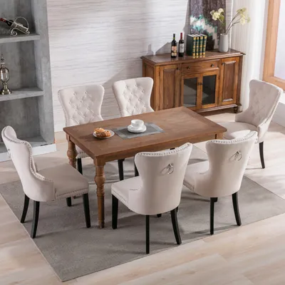 Produktbild von Flieks Esszimmerstühle 6er Set, Küchenstühle Polsterstühle mit Eichenbeinen und Nagelkopfbesatz, Wohnzimmerstühle 6 Stück,  Leinen, Beige
