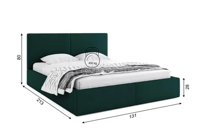 A dark green upholstered bed with dimensions indicated by measurement lines.
