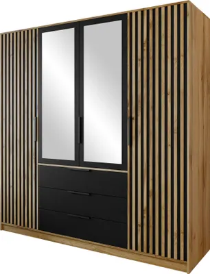 Produktbild von MIRJAN24 Kleiderschrank Tytus Lux D4 mit 4 Drehtüren und 3 Schubladen, mit Aluminumgriffe, Kleiderstange, Frontspiegel (Farbe: Eiche Wotan / Schwarz + Eiche Wotan)
