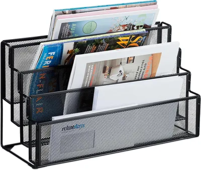 Produktbild von Magazinhalter aus Metall – 4 Fächer – Briefablage für den Schreibtisch – 26x45x18 cm – Für Zeitschriften und Zeitungen – Schwarz