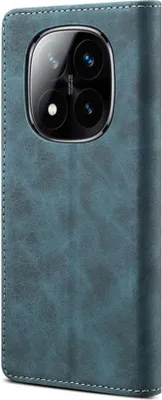 A close-up view of a blue leather flip case for a smartphone, showing the camera module area.