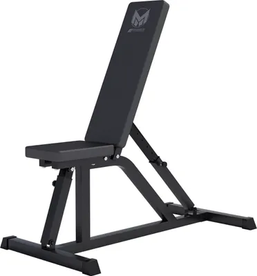 A black adjustable weight bench is shown against a white background.