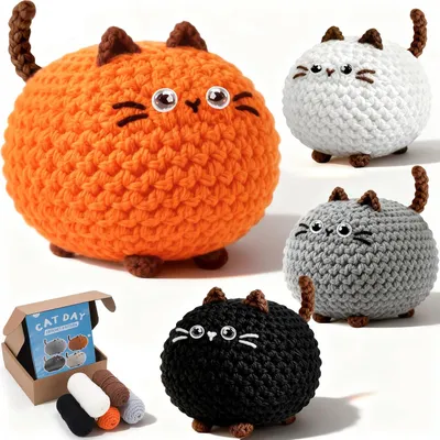 Zdjęcie produktu dla Zestaw do szydełkowania dla początkujących, 4-elementowy amigurumi kot, dla dzieci i hobby