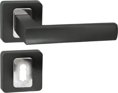 A door handle set with a square rosette, shown against a white background.