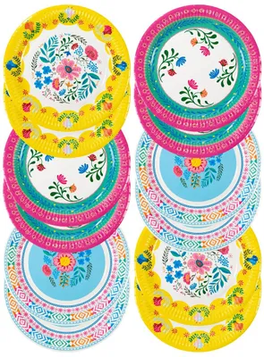 Produktbild von 12 bunte Pappteller mit Blumenmotiv, Einwegteller, 15 cm Durchmesser, 23 cm Durchmesser