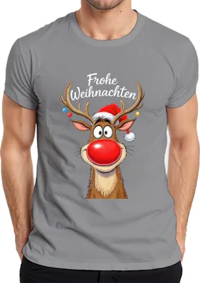 Produktbild von Frohe Weihnachten Rentier Rudolph rote Nase Weihnachtsmütze süß Herren T-Shirt, Grau, S