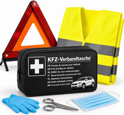 Immagine prodotto di set 3 in 1 per auto - kit di pronto soccorso per auto, gilet di segnalazione, triangolo di segnalazione - kit di soccorso e accessori per incidenti per auto, Immagine generata dall'IA