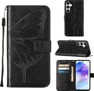 Produktbild von Mobigear Butterfly Samsung Galaxy A55 Hülle Klapphülle Geldbörse - Schwarz