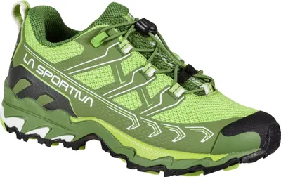 Grüne Wanderschuhe für Kinder; Modell "Ultra Raptor II JR" von La Sportiva; mit Schnellschnürsystem und rutschfester Sohle.