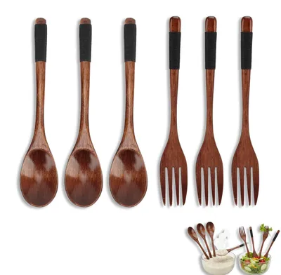 6-teiliges Holz-Besteck-Set, japanischer Stil, braun