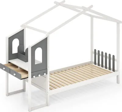 Produktbild von Hausbett für Kinder - Kinderbett mit Schreibtisch - Matratzenbreite 120 cm - Stauraum, Schubladen und Haken - Lattenrost - Holz - Weiß