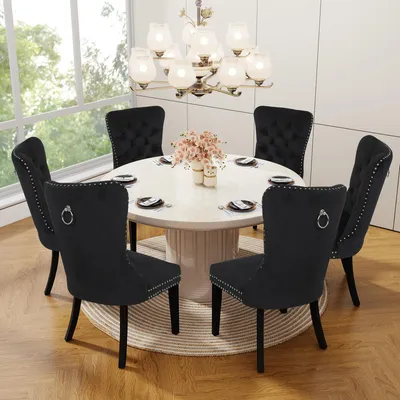 Image de Ensemble de 6 chaises de salle à manger Puluomis, revêtues en velours, pour cuisine ou salle à manger, fauteuils rembourrés avec pieds en bois massif et détails en forme de clous, élégants et raffinés, couleur noire