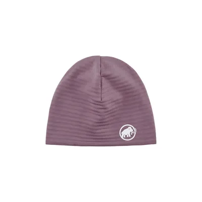 Mammut Taiss Light Beanie in lila mit gestreifter Textur und weißem Logo.
