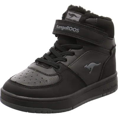 A studio shot of a black high-top sneaker.