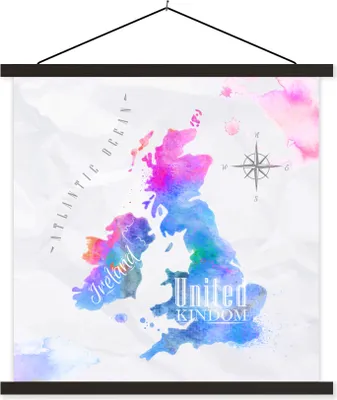 Produktbild von MuchoWow® Textilposter Weltkarte - England - Ölfarbe 120x120 cm mit schwarzem Rahmen - Aufhängungsset