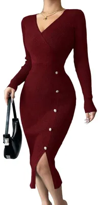 Immagine prodotto di Solidchoice - Abito midi a V da donna, in maglia, con vita alta