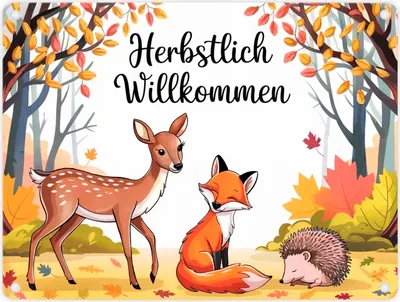 Produktbild von Herbstlich Willkommen Metallschild in 15x20 cm mit Tieren des Waldes