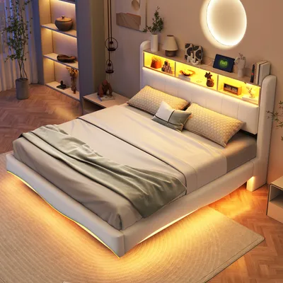 Produktbild von Flieks Polsterbett 160x200cm mit Ladefunktion, Doppelbett Jugendbett mit Led, Stauraumbett Holzbett mit Stauraumkopfteil, Schwebebett Leinen, Beige