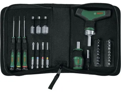 Produktbild von Schraubendreher-Set, 31-teilig, Bosch Präzisions-Schraubendreher, Ratschenschraubendreher, T-Griff, Inkl. Verlängerung, Bits und Nüsse