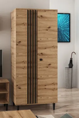 A tall, narrow wardrobe with a wood-grain finish and vertical dark accents is shown in a room setting.