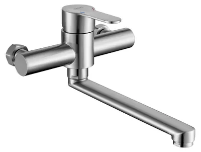 Produktbild von Wandküchenarmatur, Mischbatterie für Wandmontage, Spültischarmatur mit 360° drehbarem Auslauf, 23 cm langer Auslauf aus gebürstetem Edelstahl