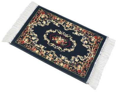 A small, rectangular rug with a traditional Persian pattern and white fringe on both ends, isolated on a white background.
