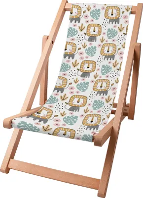 Produktbild von Dreamroots Kinder Liegestuhl klappbar Holz bis zu 130 kg, Sonnenliege klappbar mit 3-stufiger Neigungsregulierung der Rückenlehne, Lion in the Jungle