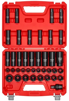 Produktbild von VEVOR 1/2 Zoll Antrieb Schlagsteckschlüssel Set, 39 Teile, 6-Punkt Tiefe & Flache Schlagsteckschlüssel, metrisch 9 bis 30 mm, Cr-V Stahl hohe Haltbarkeit, mit Universalgelenk, doppelte Größenmarkierungen, robuster Transportkoffer
