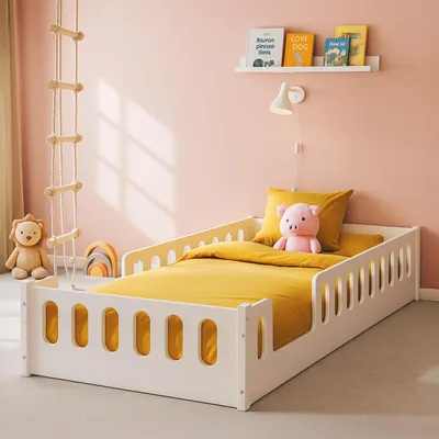 Produktbild von MEBLE WRÓBEL Bodenbett 90x200 cm - Montessori Kinderbett - Rausfallschutz abnehmbar & Lattenrost - bis 200 kg Belastbar - Kleinkindbett in Weiß - 2 Eingang Seitlich - ohne Matratze