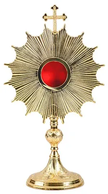 Monstranz 35 cm, Reliquienkreuz mit Steinen, Messing vergoldet, handgefertigt