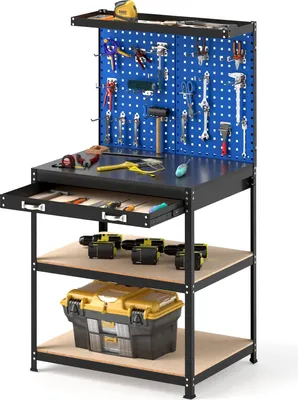 Produktbild von GOPLUS Werkbank mit Lochwand, Arbeitstisch aus Metall mit 225kg Tragfähigkeit, Werktisch Schwerlast für Werkstatt, Garage & Lagerhaus, Blau, M