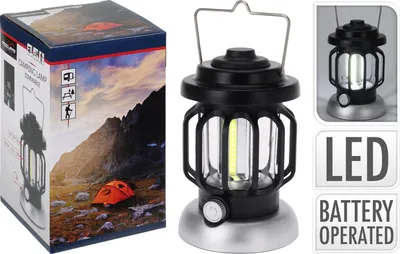 Obrázok produktu pre Lampáš s LED žiarovkou kempingová 10 x 16 cm kovová čierna KO-CX7000070
