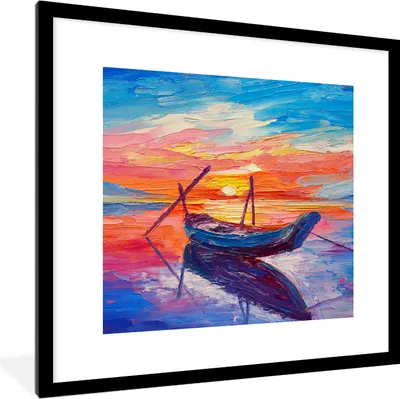 Produktbild von MuchoWow® Gerahmtes Poster Malerei - Boot - Ölfarbe - Wasser 40x40 cm - Poster mit Schwarzem Bilderrahmen Wandposter Rahmen Foto Bilder - Poster - Plakat im Rahmen