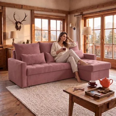 Produktbild von NACANAPA Ecksofa PULA L universell links/rechts montierbar mit Schlaffunktion 132x198 cm Cord  Rosa, KI-generiertes Bild