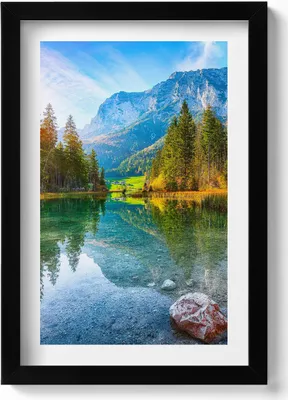 Produktbild von Fluss-Berg-Landschaft– Wandbild mit Rahmen – Gerahmtes Bild  – Wanddekoration – 20x30 cm – Schwarz