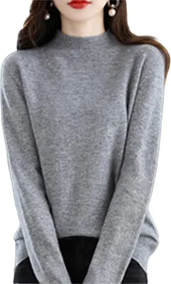 Produktbild von ASKSA Damen Leichter Pullover mit Stehkragen Langarm Strickpullover Pulli Sweatshirt Solid Weich Oberteile, Grau, M