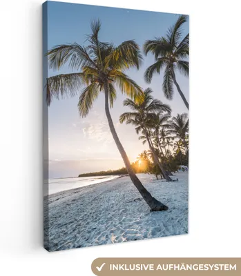 Produktbild von MuchoWow® - Leinwandbilder - Strand - Sonnenuntergang - Palme, Wandbild, Wanddeko Bilder Wohnzimmer, 80x120 cm