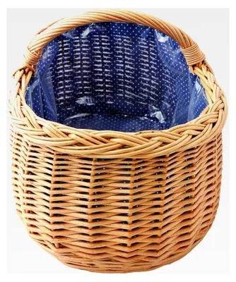 Produktbild von YULKA Einkaufskorb Weide 51cm | Geflochtener Weidenkorb mit Henkel und Innenfutter, Muster: dunkelblau mit Punkten