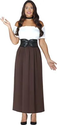 A woman is modeling a medieval-style tavern wench costume.