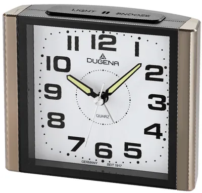 Obrázok produktu pre Kremenný budík DUGENA 4460595, plazivá sekunda, s ručičkou budíka, opakovanie budíka, LED osvetlenie ciferníka, signál stúpajúceho budíka, rozmery 12 x 10 x 4,3 cm